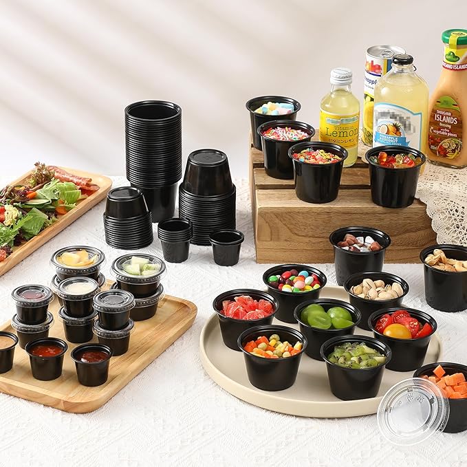 AOZITA 120-5.5 oz Black Portion Cups, Small Plastic Containers with Lids, Airtight and Stackable Souffle Cups, Salad Dressing Container, Sauce Cups, Condiment Cups for Lunch, Party to Go, Trips
