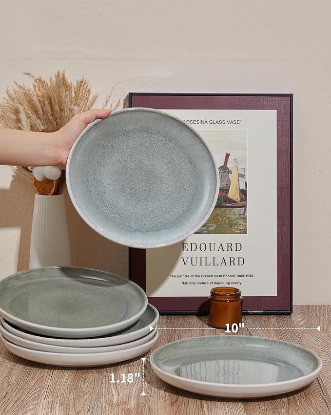 Pokini Gradient Green Dinner Plates Set of 6, 10 Inch Reactive Glaze Ceramic Plates Set, Modern Dinnerware Dishes Set for Kitchen, Microwave & Dishwasher Safe, Highly Chip and Crack Resistant