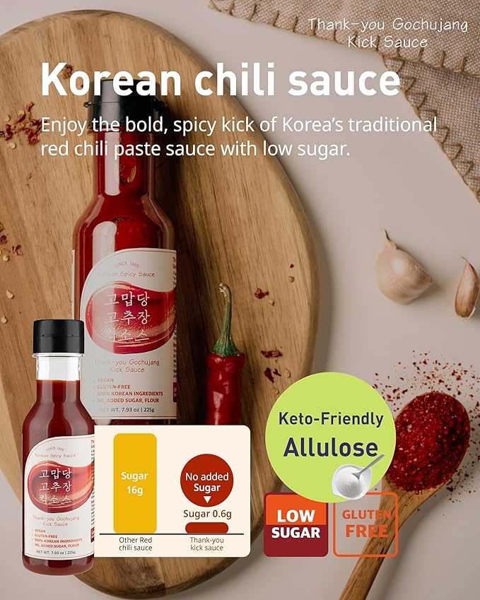 Thank-you Gochujang Kick Sauce Sugar-Free Korean Hot Chili Squeeze Sauce with Allulose – Keto-Friendly, No Wheat Flour, Cheongyang Pepper | Drizzle on Tacos, Eggs, Bowls, Pizza & Seafood | 8.81 fl.oz
