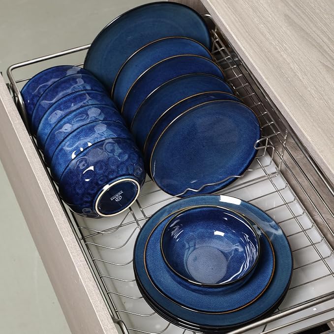vicrays Ceramic Round Plates Set of 6 - Porcelain 10 inch Dinner Plates for Salad Dessert Appetizer Bread - Microwave Oven and Dishwasher Safe - Blue