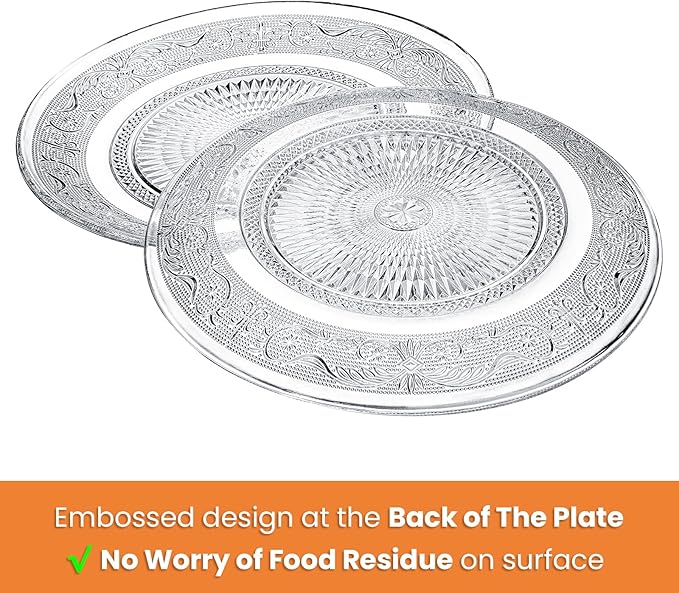 Elsjoy 6 Pack 10 Inch Large Glass Dinner Plate, Clear Round Serving Plate Vintage Embossed Dinnerware for Salad, Pasta, Fruits