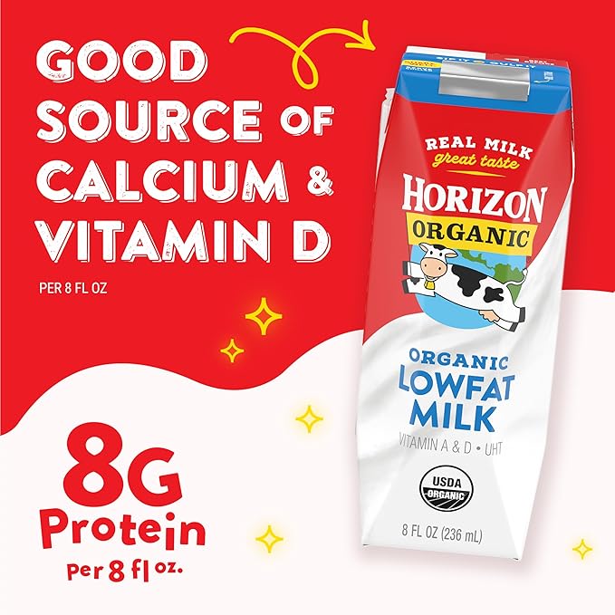 Horizon Organic Shelf Stable 1% Lowfat Milk Boxes, Pack of 12 - 8g Protein per Serving