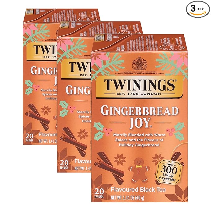 Twinings Gingerbread Joy Black Tea Individually Wrapped Bags, 20 Count (Pack of 3), Ginger & Cinnamon, Caffeinated, Enjoy Hot or Iced | Packaging May Vary