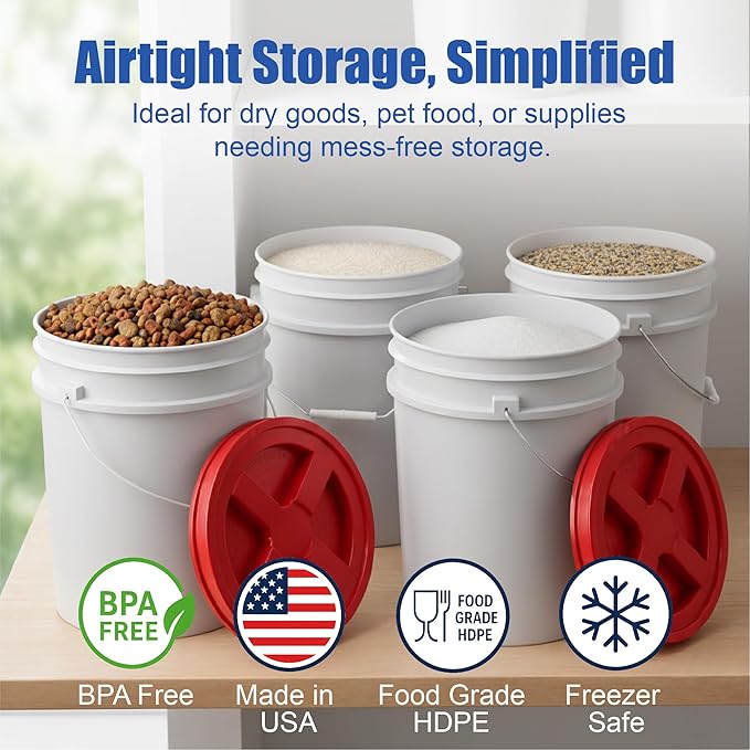 ePackageSupply 5 Gallon Bucket - Food Grade Bucket with Airtight Gamma Seal Screw-On Lid, BPA-Free, Heavy-Duty 90 Mil HDPE Plastic, Bulk Storage, Durable Container, Made in USA, White/Red, 3 Packs