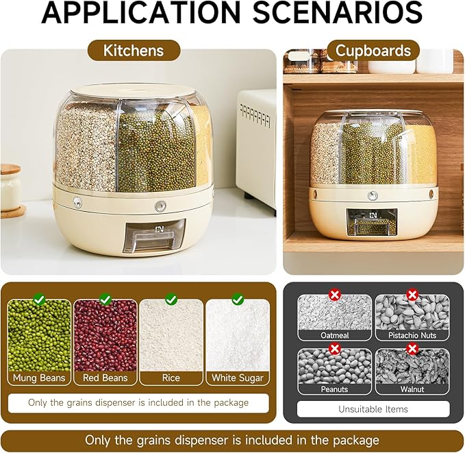 UFORU Rice Dispenser | 360° Rotating Grain Storage Bin - 6 Grids, 20LBS Large Capacity Food Container, Moisture-Proof, One-Click Output for Rice, Beans & Pet Food - Kitchen Pantry Organizer