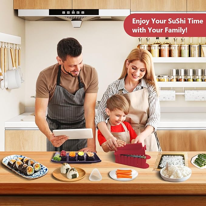 HI NINGER Sushi Maker Set, 24-piece sushi maker kit for beginners to make their own sushi. Can be used as a sushi plate with rice roll molds, knife, sushi plate,sushi rolling mat (red)