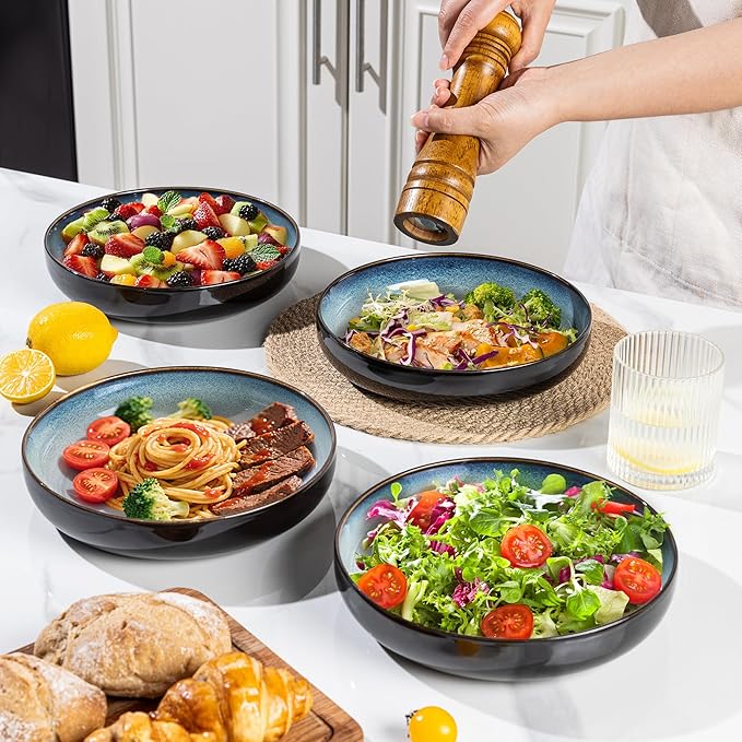 LERATIO Large Pasta Bowls,38oz Ceramic Pasta Bowls,8.5" Reactive Glaze Pasta Bowl Set of 4,Microwave & Dishwasher,Oven Safe,Wide Serving Bowls for Salad,Pasta,Fruit,Scratch Resistant