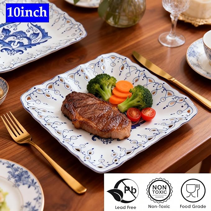 Aimusego Vintage Square Salad Plates, Handmade Decorative Ceramic Dessert Plates for Bread, Butter, Appetizer, Serving Dishes, Trays & Platters, Dishwasher Safe (Square Floral，10‘’)
