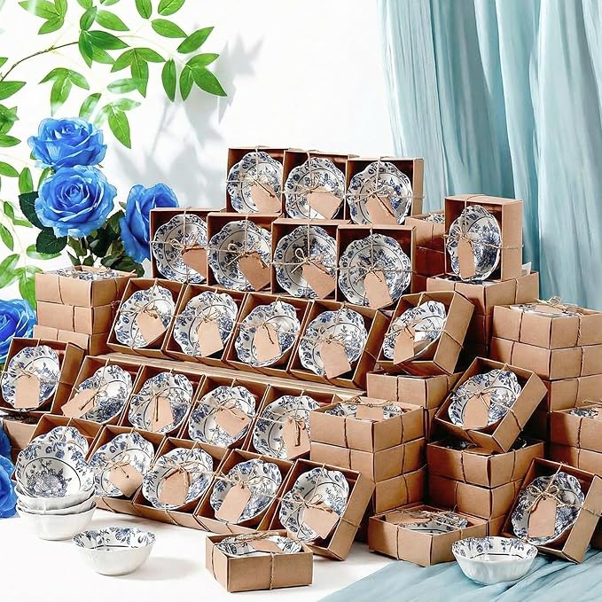 SiliFine 96 Pcs Wedding Favors for Guests Small Ceramic Bowl Bulk Gifts Set 3.3 Inch Floral Design Mini Dipping Sauce Dish with Card Box for Bridal Pooja Baby Shower Birthday (Flower,Blue)