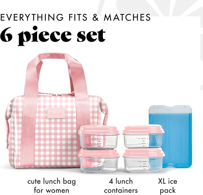 Fit & Fresh Remi Lunch Bag for Women Work – Neoprene Lunch Tote with Containers & Ice Pack, Reusable Meal Prep Lunch Box, Large Capacity, Machine Washable, Pink Gingham