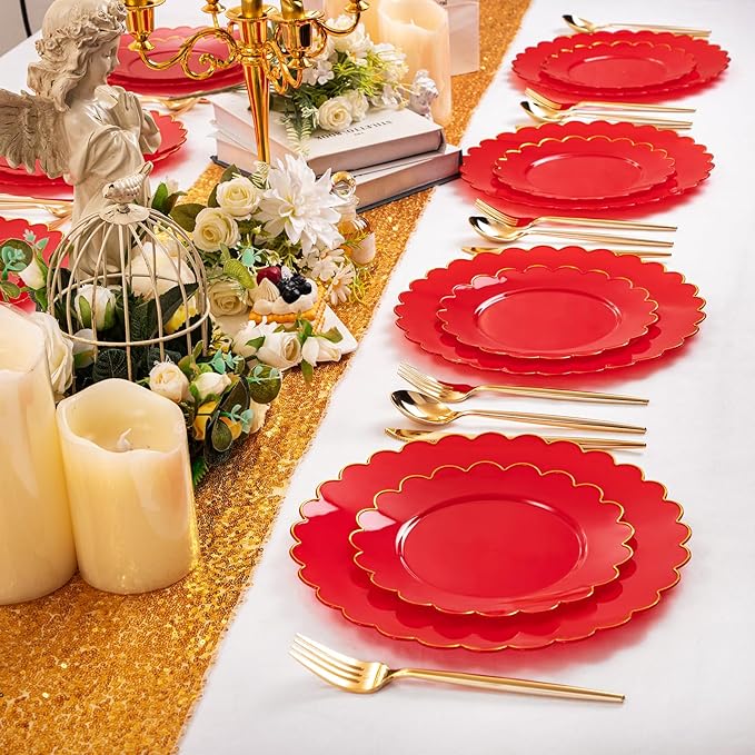 LIYH 60 Pcs Red Plastic Plates Disposable with Gold Edge Scalloped Red Gold Disposable Plates Includes 30 Dessert & 30 Dinner Plate Dishes Tableware for Party Memorial Day,Independence Day