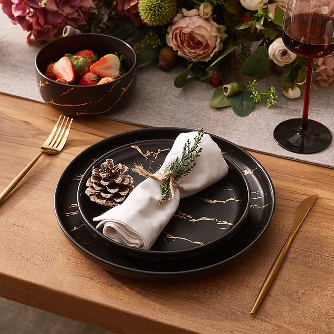 Pokini Black Gold Splash Dinnerware Sets, Marble Porcelain Plates and Bowls Sets, Modern Luxury Dish Set for 4, 12 Pieces Fine China Plates Set for Formal Dinners and Anniversaries
