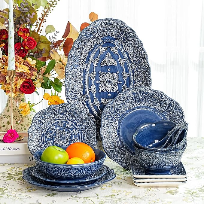 Sungmor Embossed Stoneware Fine Dining Dinnerware, Antique Baroque Style Porcelain Serving Platter, Set of 2 & 16 Inch Oval Large Serving Plates, Sophisticated Ceramic Serving Dish Party Table Decor