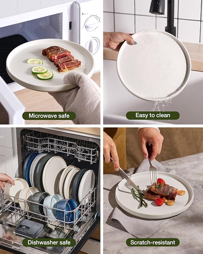 Famiware Star Dinnerware Sets, Plates and Bowls Set for 4, 12 Pieces Ribbed Dishes - Chip and Scratch Resistant, Microwave and Dishwasher Safe Tableware, Matte White