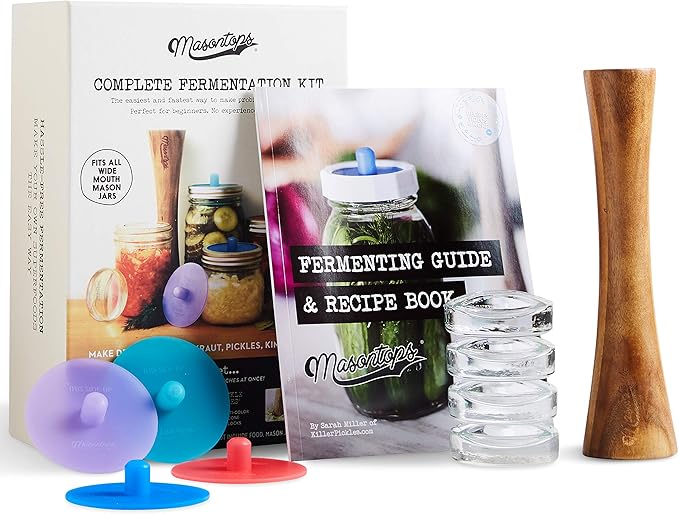 Masontops Complete Mason Jar Fermentation Kit - Pickle Kit, Sauerkraut Making Kit Kimchi Container - Fermentation Airlock Lids Wide Mouth Mason Jars