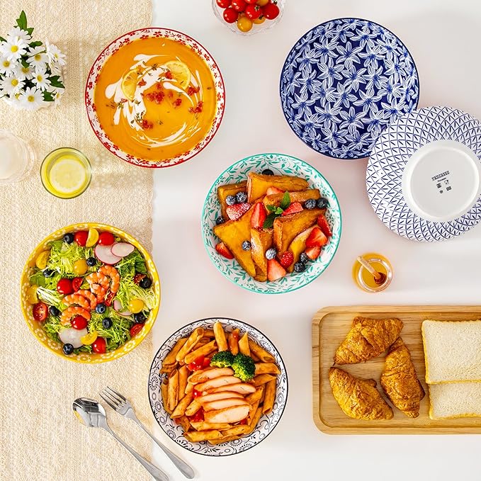 vancasso Selene 8.5" Pasta Bowls Set of 6, 40 oz Porcelain Shallow Salad Bowls, Serving Bowls Pasta Dishes Plates Large Kitchen Bowl Plates, Vivid Floral Design, Microwave Safe, Series SELENE