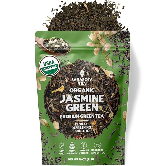 Organic Jasmine Green Loose Leaf Tea | Fragrant Chinese Green Tea Scented with Jasmine Blossoms | USDA Organic | 1lb Bulk Bag | Floral & Smooth | Hot or Iced | Non-GMO
