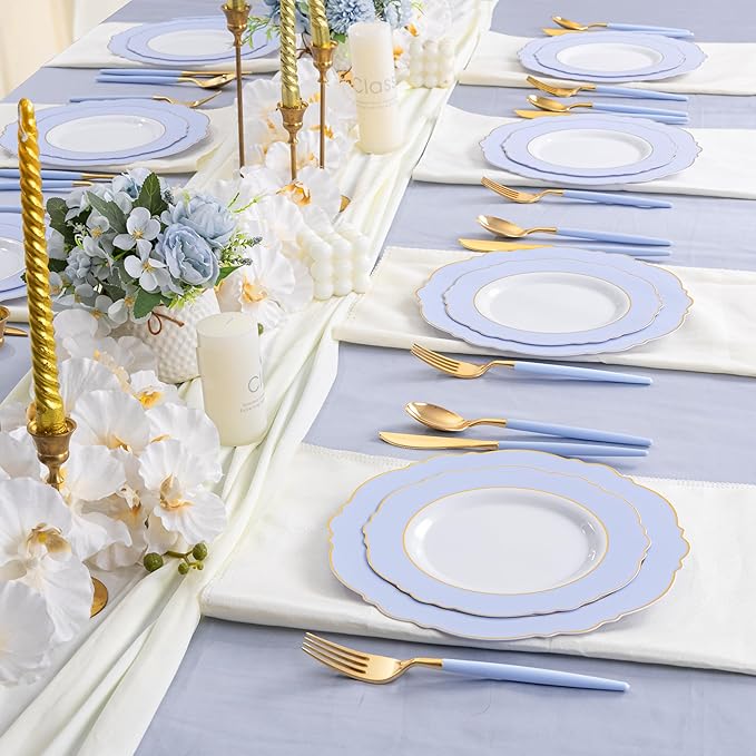 WDF 60pcs Blue Plates Disposable With Gold Rim - Baroque Baby Blue Plastic Party Plates for Wedding/Party/Baby Shower/Spring