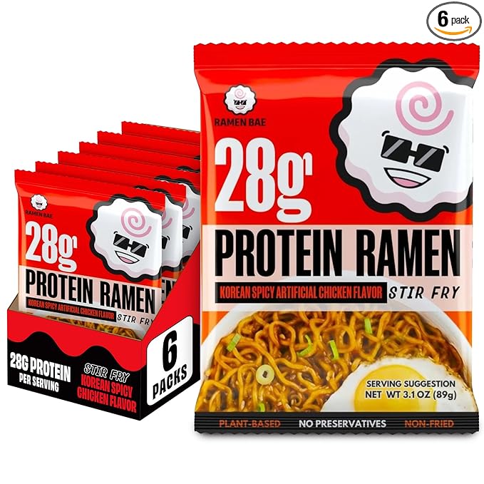 Ramen Bae High Protein Ramen Noodles Stir Fry - Korean Spicy Chicken Flavor 28g Protein - Air Dried Not Fried, Plant Based, Vegan Protein Noodles - Low Carb & Fat - Very Spicy (Pack of 6)