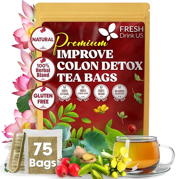 FreshDrinkUS, Premium Improve Colon Tea | 75 Tea Bags | Herbal Tea Blend with Senna Leaves, Lotus Leaves, Hawthorn Berry, Ginger & More – Caffeine Free Botanical Tea – Natural Daily Herbal Infusion