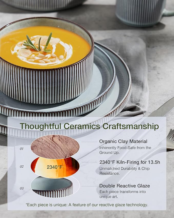 Famiware Star 12-Piece Stoneware Dinnerware Sets for 4, Reactive Glaze Plates and Bowls, Modern Rustic Dishes for Everyday & Formal Use, Chip/Scratch Resistant, Microwave/Dishwasher Safe, Smoky Blue