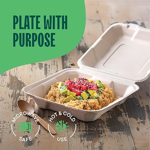 [Bulk - 200-Count] 100% Compostable to Go Containers 8x8" Clamshell Take Out Food Container with Hinged Lid - Disposable Togo Plates - Biodegradable Eco-Friendly Takeout Box Made of Sugar Cane Bagasse