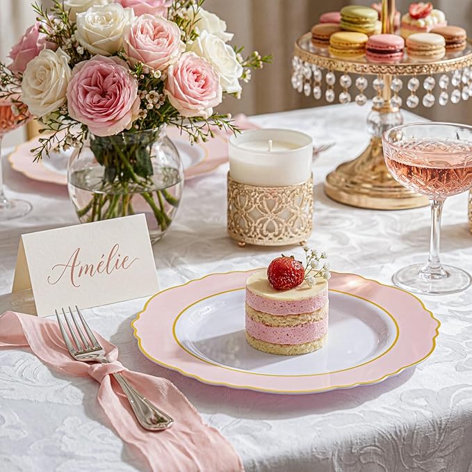 WDF 60pcs Pink Dessert Plates - 7.5inch Baroque Pink and White Disposable Dessert Cute Cake Plates for Upscale Parties &Wedding-Special for Baby Shower, Brithday, Tea Party