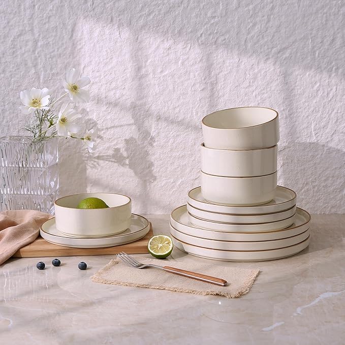 Famiware Nebula Plates and Bowls Sets, 24 Pieces Stoneware Dinnerware Sets, Microwave and Dishwasher Safe Dish Set, Dishware Sets for 8, Vanilla White with Brown Rim