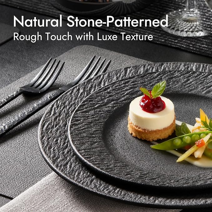 KINGSTONE Black Dinnerware Sets, 24-Piece Matte Marble Pattern Premium Porcelain, Place Setting with Dinner Plate, Salad Plate, Pasta Bowl, Microwave and Dishwasher Safe