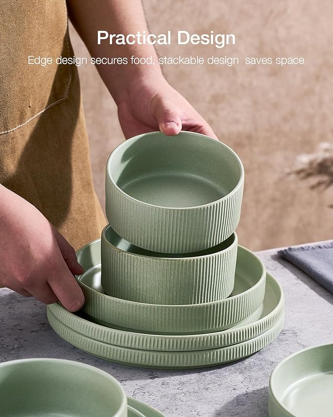Famiware Star 24-Piece Reactive Glaze Plates and Bowls Sets, Service for 8 - Stoneware Dinnerware Set, High Edge Ribbed Dishes, Chip & Scratch Resistant, Microwave & Dishwasher Safe, Matte Sage Green