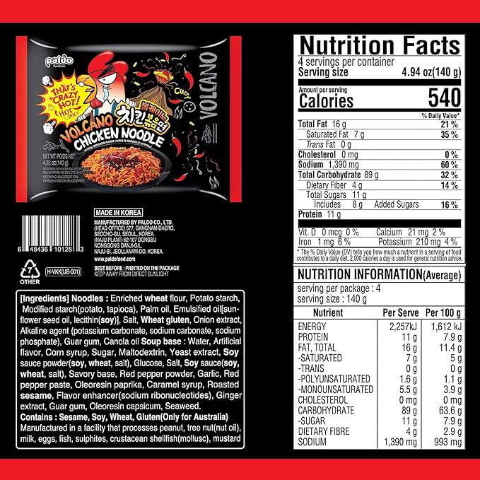 Paldo Fun & Yum Volcano Extremely Hot & Spicy Stir Fried Chicken Instant Noodles, Pack of 4, Soupless Original Korean Ramyun, Spicy Ramen Challenge, Chicken Bokkeummyun, 140g (4.93 oz) x 4