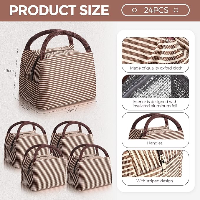 Chunful 24 Pcs Insulated Lunch Bag Bulk Reusable Thermal Lunch Box Waterproof Leakproof Tote Bag with Soft Liner for Women Men Office Work School Picnic Beach Fishing(Coffee)