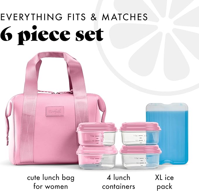 Fit & Fresh Remi Lunch Bag for Women Work – Neoprene Lunch Tote with Containers & Ice Pack, Reusable Meal Prep Lunch Box, Large Capacity, Machine Washable, Pink