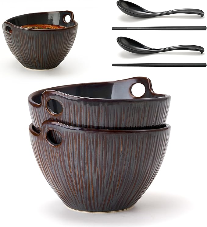 Ramen Bowl with Chopsticks and Spoons Set, 7 Inch Ceramic Noodle Bowl Set of 2, Dishwasher Safe for Pho Udon Soba Noodle Salad Pasta, Special Reactive Glazed Bowls Set, Amethyst Veil