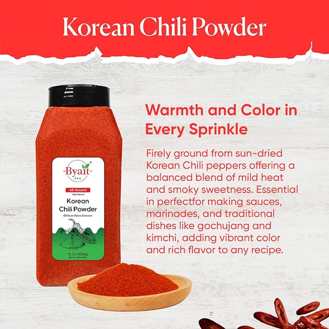 Byait Gochugaru Korean Chili Powder 16 Oz (1 LB), Medium Hot, 100% Pure Red Chili Pepper Flakes for Authentic Korean Cooking, Kimchi, and Spicy Seasoning