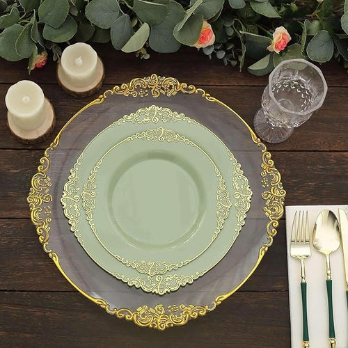 Efavormart 10 Pack | 10" Sage Green and Gold Baroque Dinner Plates, Leaf Embossed Metallic Rim Heavy Duty Serving Plates for Spring Receptions