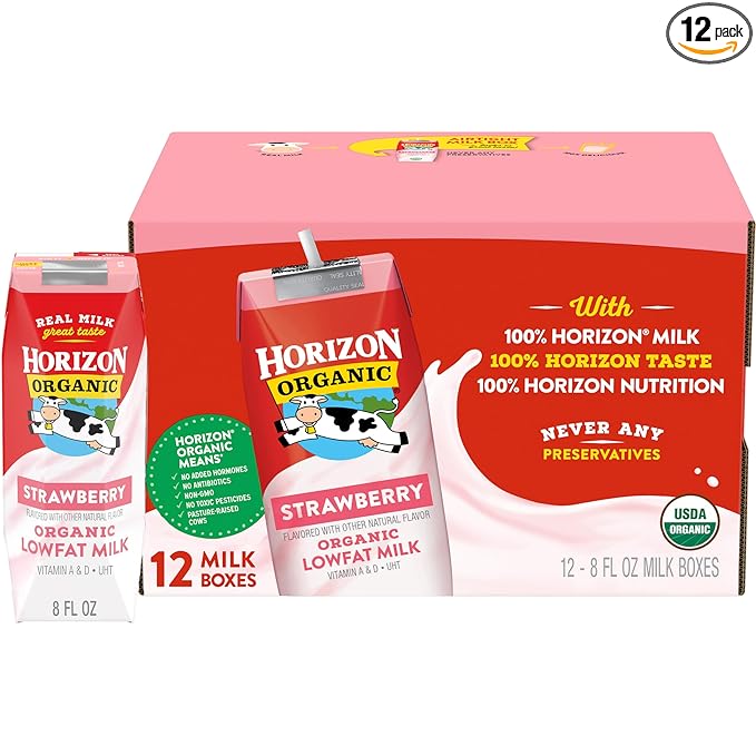 Horizon Organic Shelf Stable 1% Lowfat Strawberry Milk Boxes, Pack of 12 - 8g Protein per Serving
