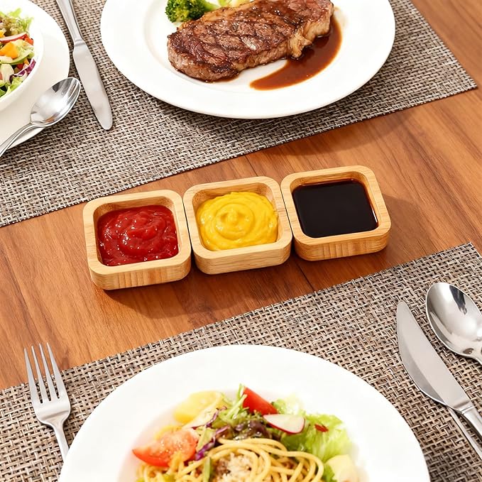 Jucoan 10 Pack Small Bamboo Bowls, Square Wooden Sauce Dish Dipping Bowl for Condiments, Appetizers, Snack, Ketchup, Charcuterie Board, Unbreakable, Stackable, Lightweight