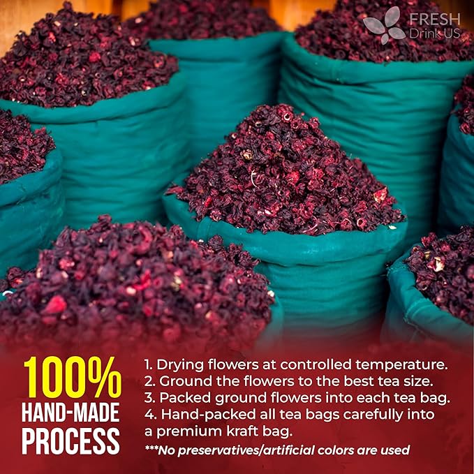 FreshDrinkUS, Premium 30 Hibiscus Flowers Tea Bags, 100% Natural & Pure from Hibiscus Flowers. Loose Flower Herbal Tea. No Sugar, No Caffeine, No Gluten, Vegan.