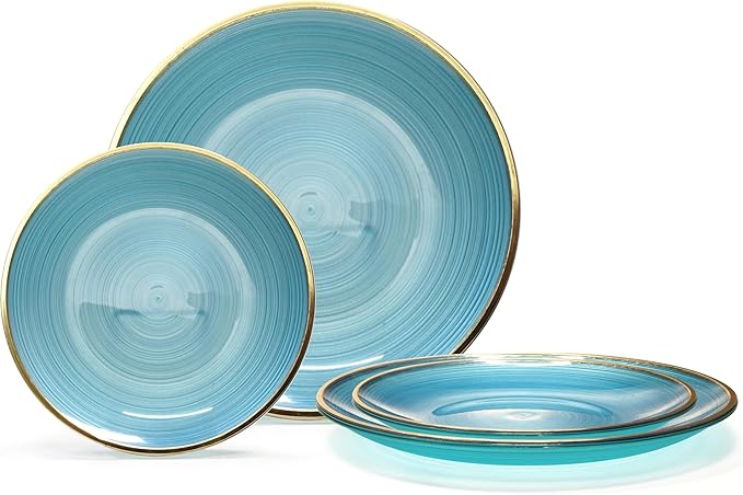 OCCASIONS 50 Plates (25 Guests) Blue and Gold Disposable Plastic Plates, Heavy Duty Elegant Fancy for Wedding Party - 25x10'' Dinner + 25x7'' Salad & Dessert - BPA Free, Belize in Blue & Gold