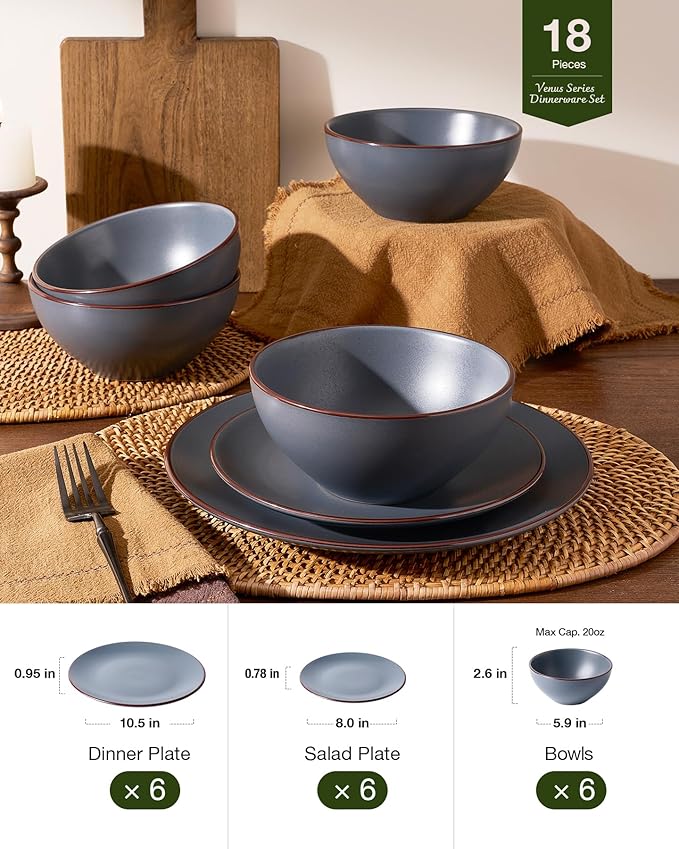 Famiware Venus Plates and Bowls Sets with Trim, 18 Pieces Speckled Stoneware Dinnerware Set for 6, Matte Charcoal - Modern Minimalist, Microwave & Dishwasher Safe Dishes for Everyday & Formal Dining