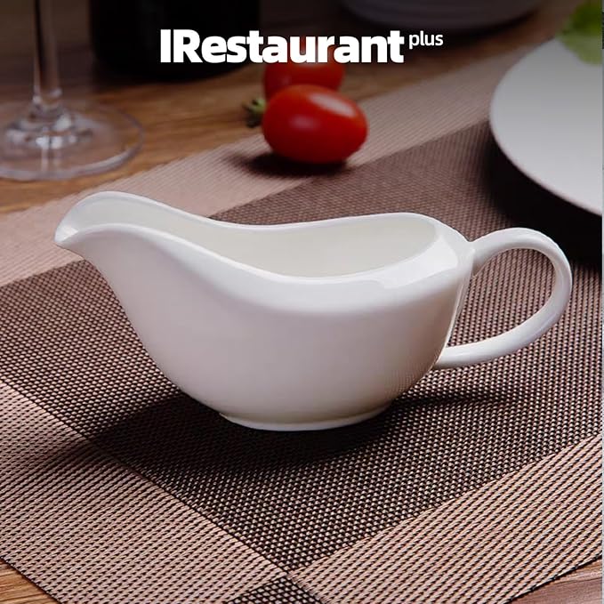 Bone China Wide Rim Commercial Grade Dinnerware Gravy Boat with Dish, Case of 6sets