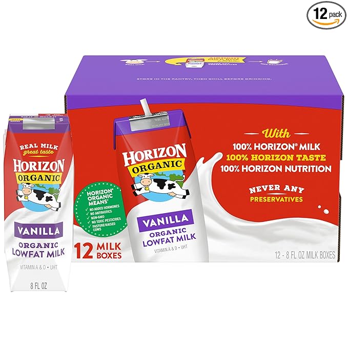 Horizon Organic Shelf Stable 1% Lowfat Vanilla Milk Boxes, Pack of 12 - 8g Protein per Serving
