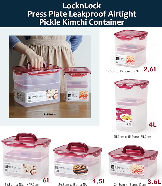 Lock & Lock BPA Free Rectangular Pickle Kimchi Press Ferment Storage Container (3.6L)