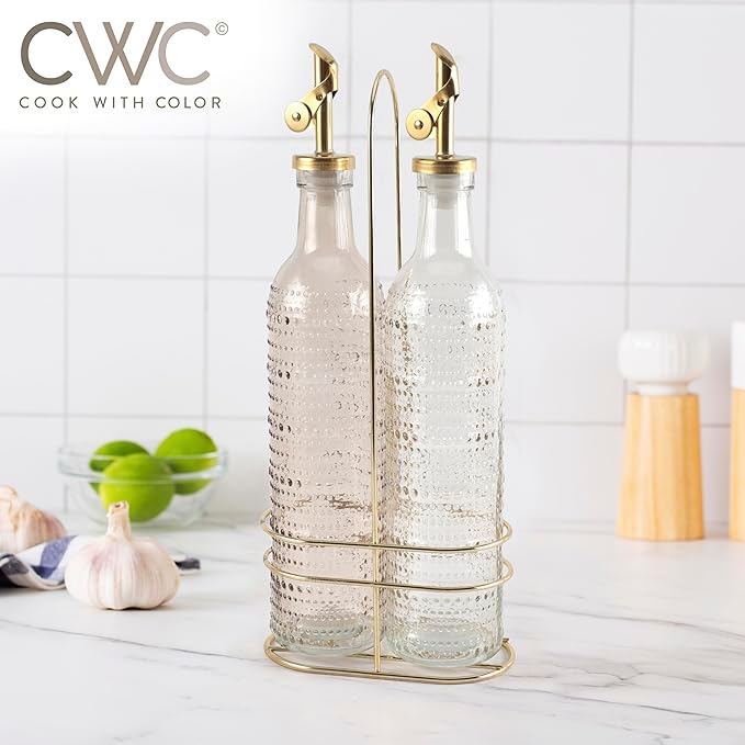 COOK WITH COLOR Glass Olive Oil Bottle Dispenser - 2 Pack- 17oz Oil and Vinegar Cruet - Olive Oil Carafe Decanter for Kitchen, Champagne Bubbles, Brown