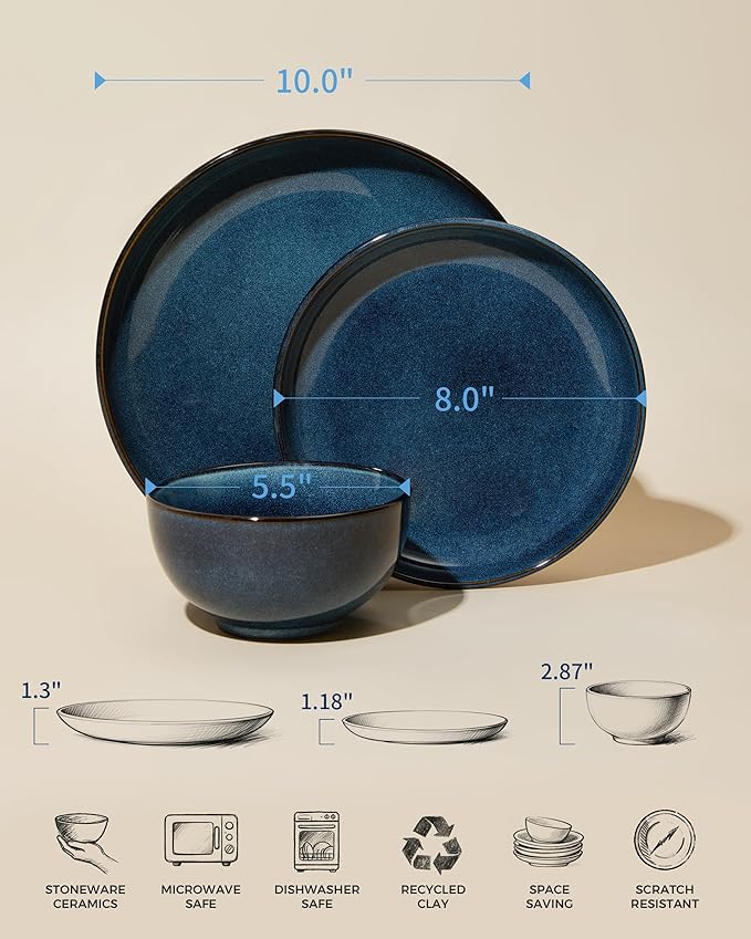 Pokini 24 Piece Dinnerware Sets for 8, Modern Stoneware Plates and Bowls Setst, Perfect for Family Gatherings & Holiday Celebrations, Easy Cleaning Dishes Set, Stack Compactly Dishware, Starry Blue