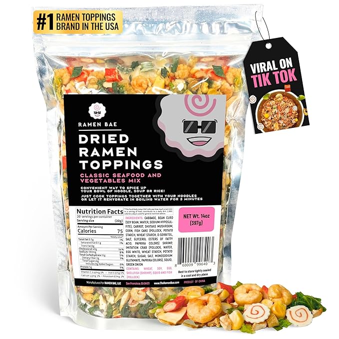 Ramen Bae Classic Seafood & Veggie Mix Dried Ramen Toppings - Low Fat, Low Sodium, Dehydrated Ramen Toppers, Add Ins, Mix Ins for Ramens, Noodles, Soup, Fried Rice - Easy To Prep, Up To 20 Servings