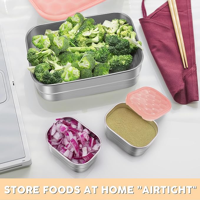 Tanjiae Small Stainless Steel Lunch Containers for Kids | Leak Proof Snack Containers with Silicone Lids - Perfect Metal Lunch Box with Lids for School and Daycare (25oz+8oz*2)