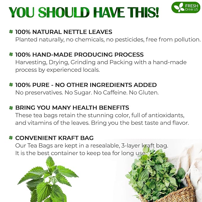 FreshDrinkUS, Premium 75 Nettle Leaf Tea Bags, 100% Natural & Pure, Stinging Nettle Leaf Tea, Burn Nettle, Stinging Nettle, Stinger Tea, No Sugar/Caffeine/Gluten, Vegan