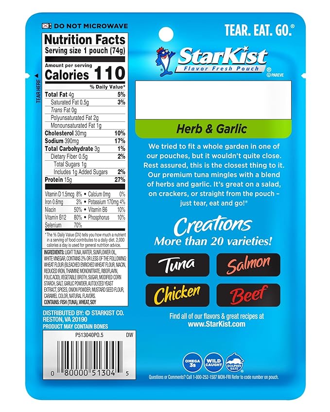 StarKist Tuna Creations Herb and Garlic Pouch (2.6 oz - 24 Pack) Wild Caught, High Protein Shelf Stable Seafood, No Draining, Ready to Eat for Salads and Sandwiches